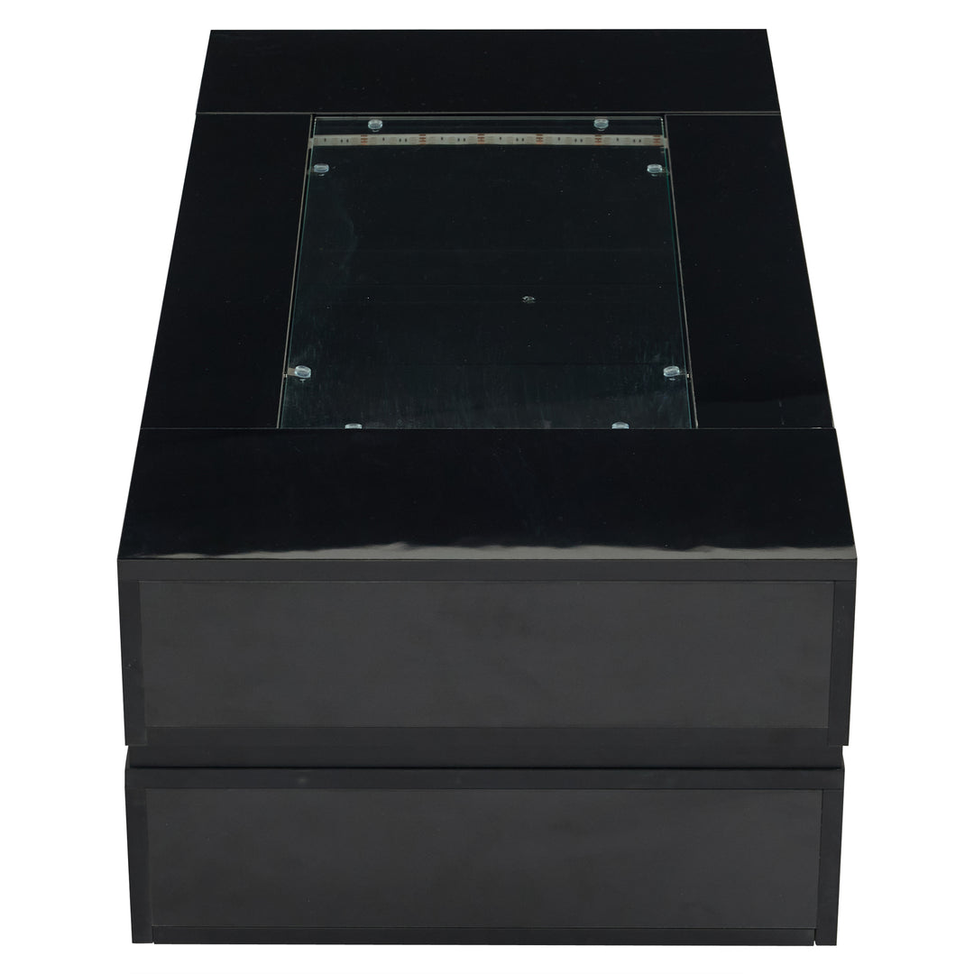Black hollow LED coffee table with open storage and glass top 100×50×35cm SEAHORSETAIL