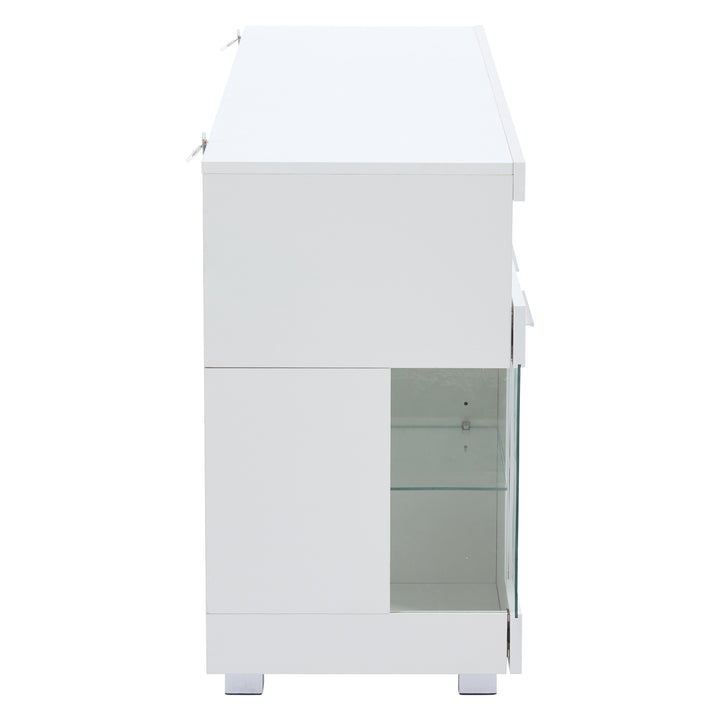White high gloss sideboard cabinet with LED lights and glass shelves 140x40x70cm QUADSCREEN