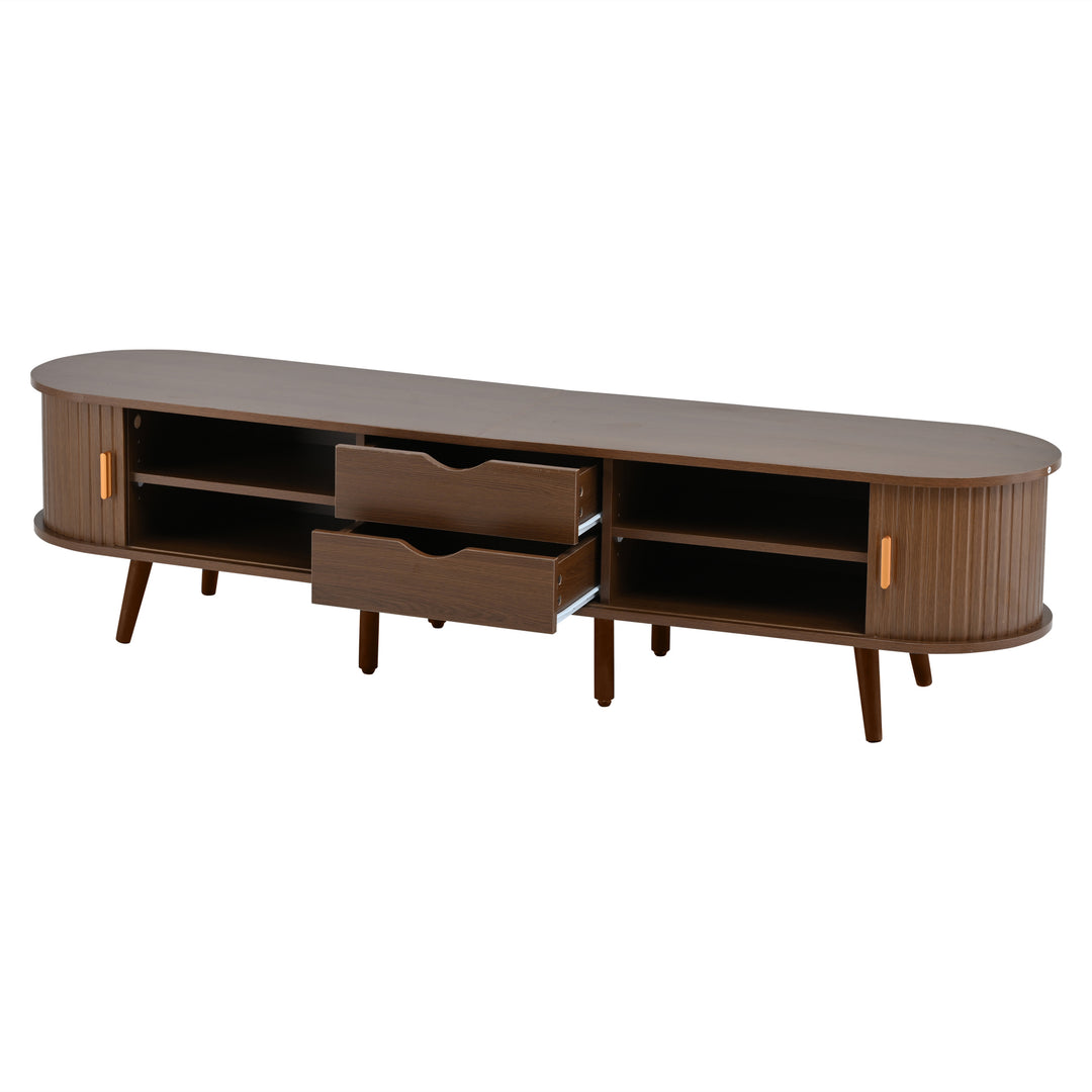 Long oval TV stand retro wooden look with 2 sliding doors 2 drawers HORSETAILJOINT