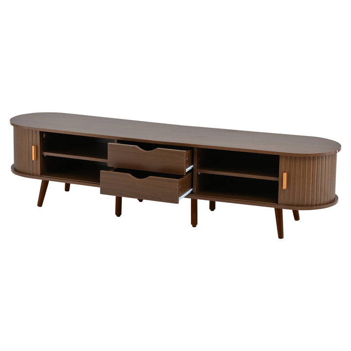 Long oval TV stand retro wooden look with 2 sliding doors 2 drawers HORSETAILJOINT