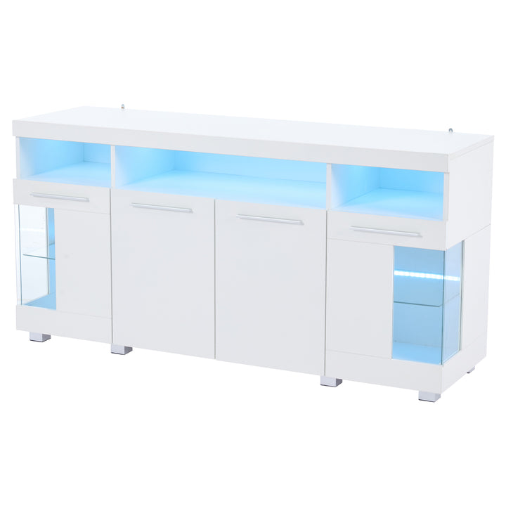 White high gloss sideboard cabinet with LED lights and glass shelves 140x40x70cm QUADSCREEN