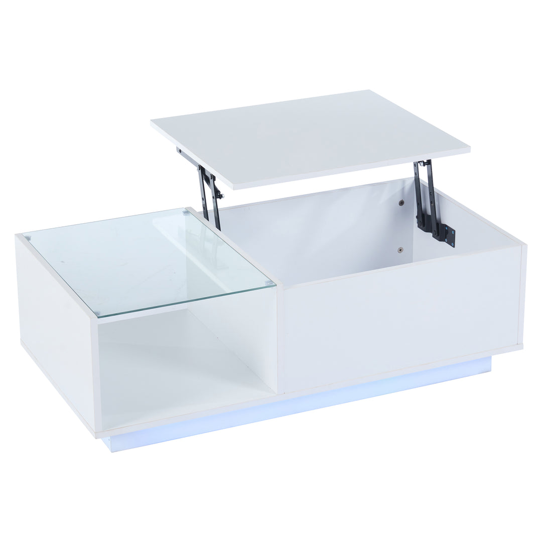 White high gloss lift-up LED coffee table with hidden storage and glass top 100×50×33cm BORAXFLAKE