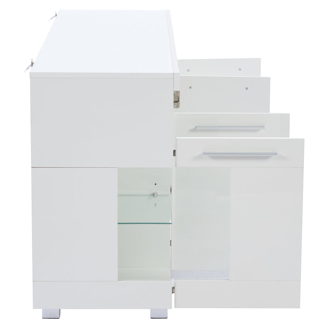 White high gloss sideboard cabinet with LED lights and glass shelves 140x40x70cm QUADSCREEN