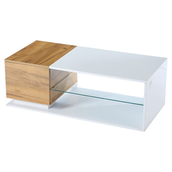 White rectangular wood LED coffee table with open glass shelf and 1-door IDEOGRAM