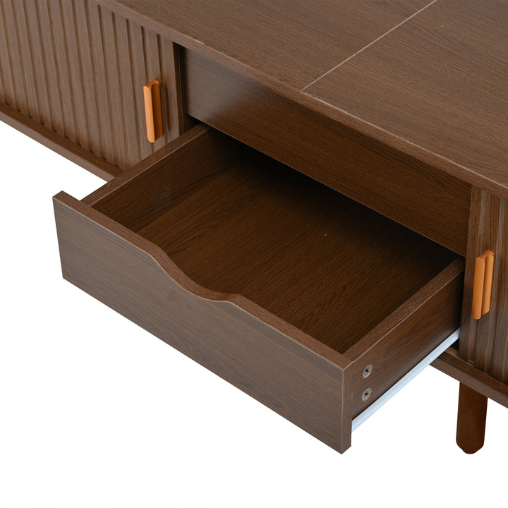 Long oval TV stand retro wooden look with 2 sliding doors 2 drawers HORSETAILJOINT