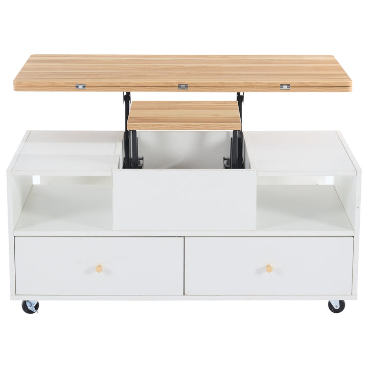 White dual lift-top coffee table 4 drawers with wheels PHOSPHOLIP