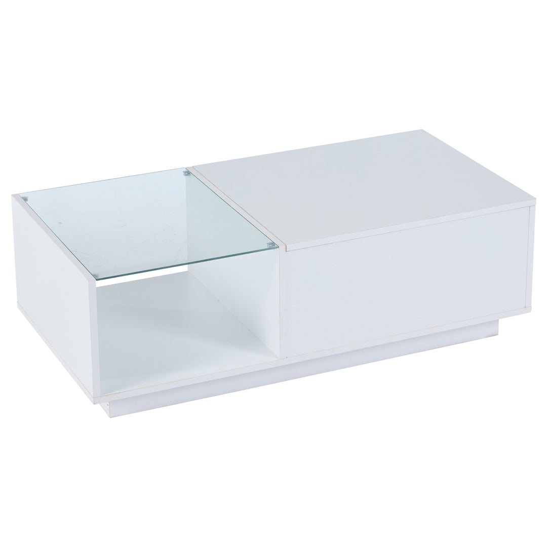 White high gloss lift-up LED coffee table with hidden storage and glass top 100×50×33cm BORAXFLAKE