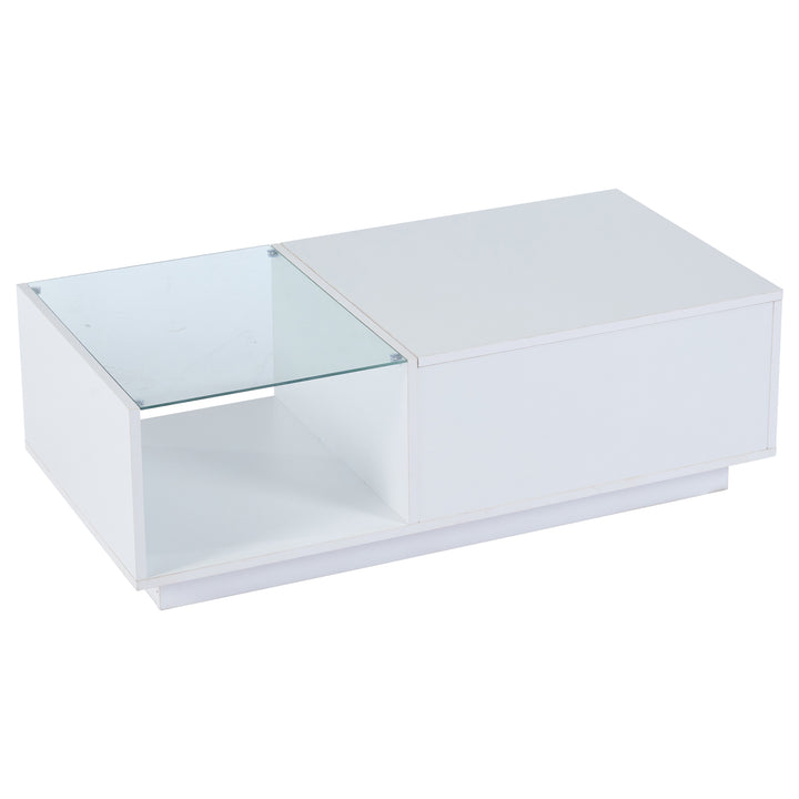 White high gloss lift-up LED coffee table with hidden storage and glass top 100×50×33cm BORAXFLAKE