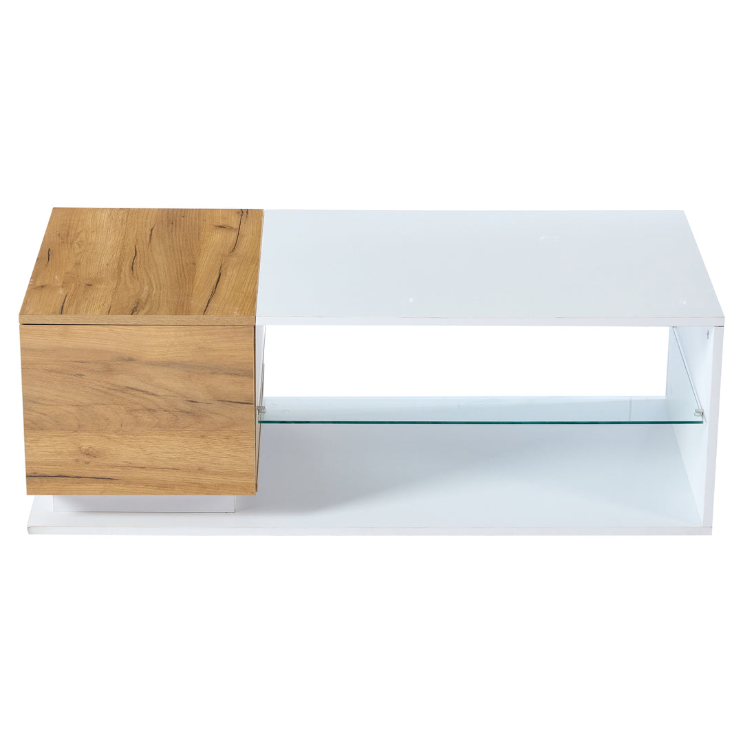 White rectangular wood LED coffee table with open glass shelf and 1-door IDEOGRAM