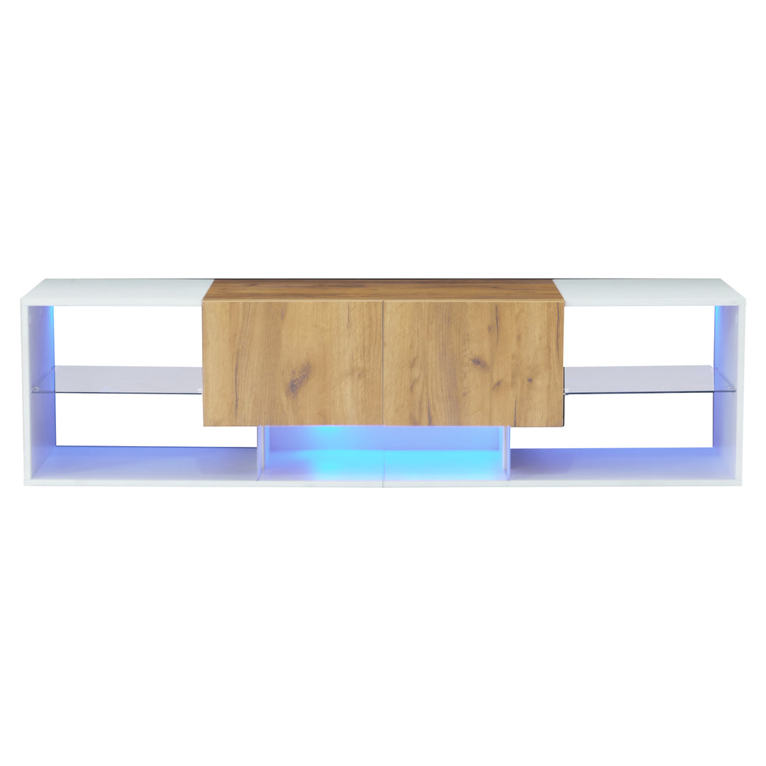 White & wood LED TV stand with 2 drawers and 5 open storage glasses shelves 160×40×42cm LIVERWORTLOBE