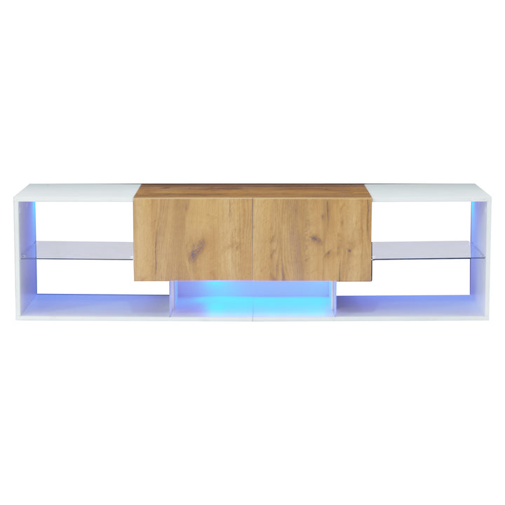 White & wood LED TV stand with 2 drawers and 5 open storage glasses shelves 160×40×42cm LIVERWORTLOBE