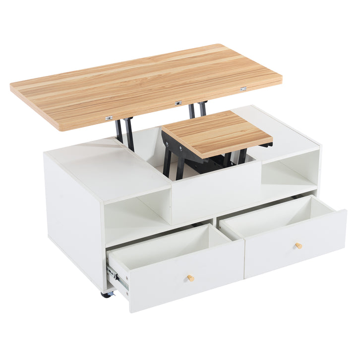 White dual lift-top coffee table 4 drawers with wheels PHOSPHOLIP