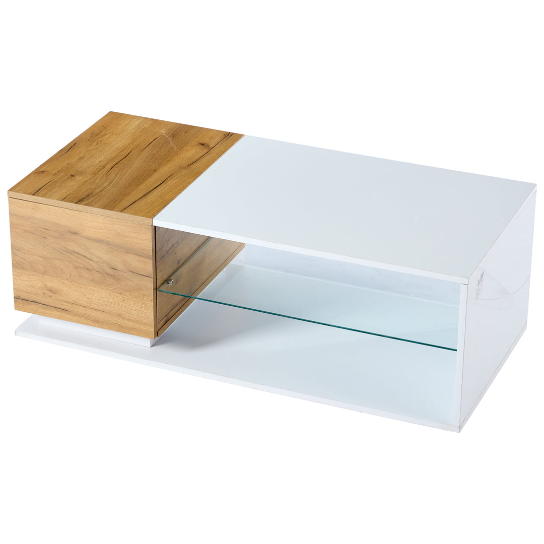 White rectangular wood LED coffee table with open glass shelf and 1-door IDEOGRAM