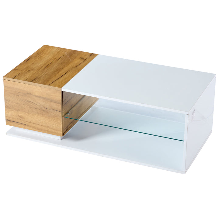 White rectangular wood LED coffee table with open glass shelf and 1-door IDEOGRAM