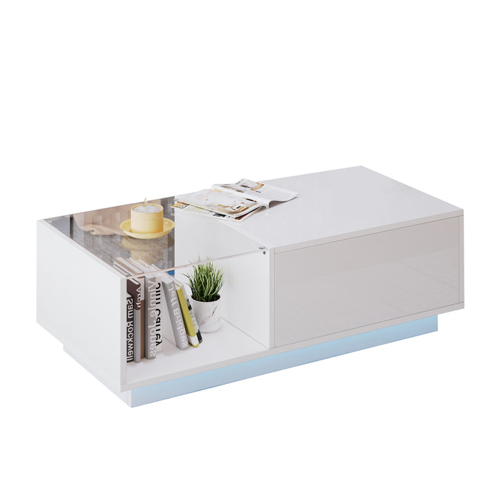 White high gloss lift-up LED coffee table with hidden storage and glass top 100×50×33cm BORAXFLAKE