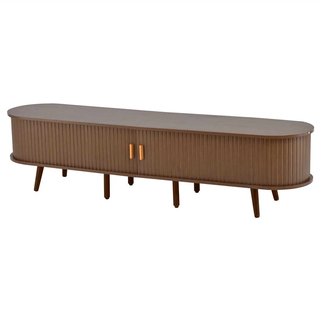 Retro walnut oval fluted TV stand with coffee table set with sliding doors MEALYBUG