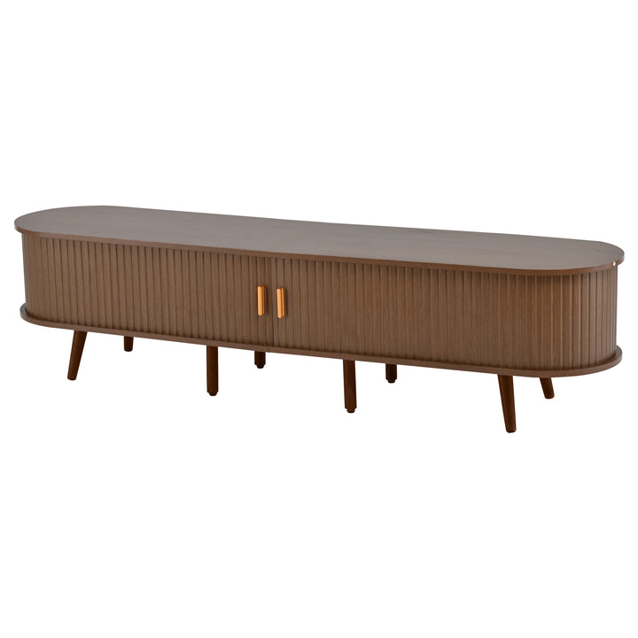 Retro walnut oval fluted TV stand with coffee table set with sliding doors MEALYBUG