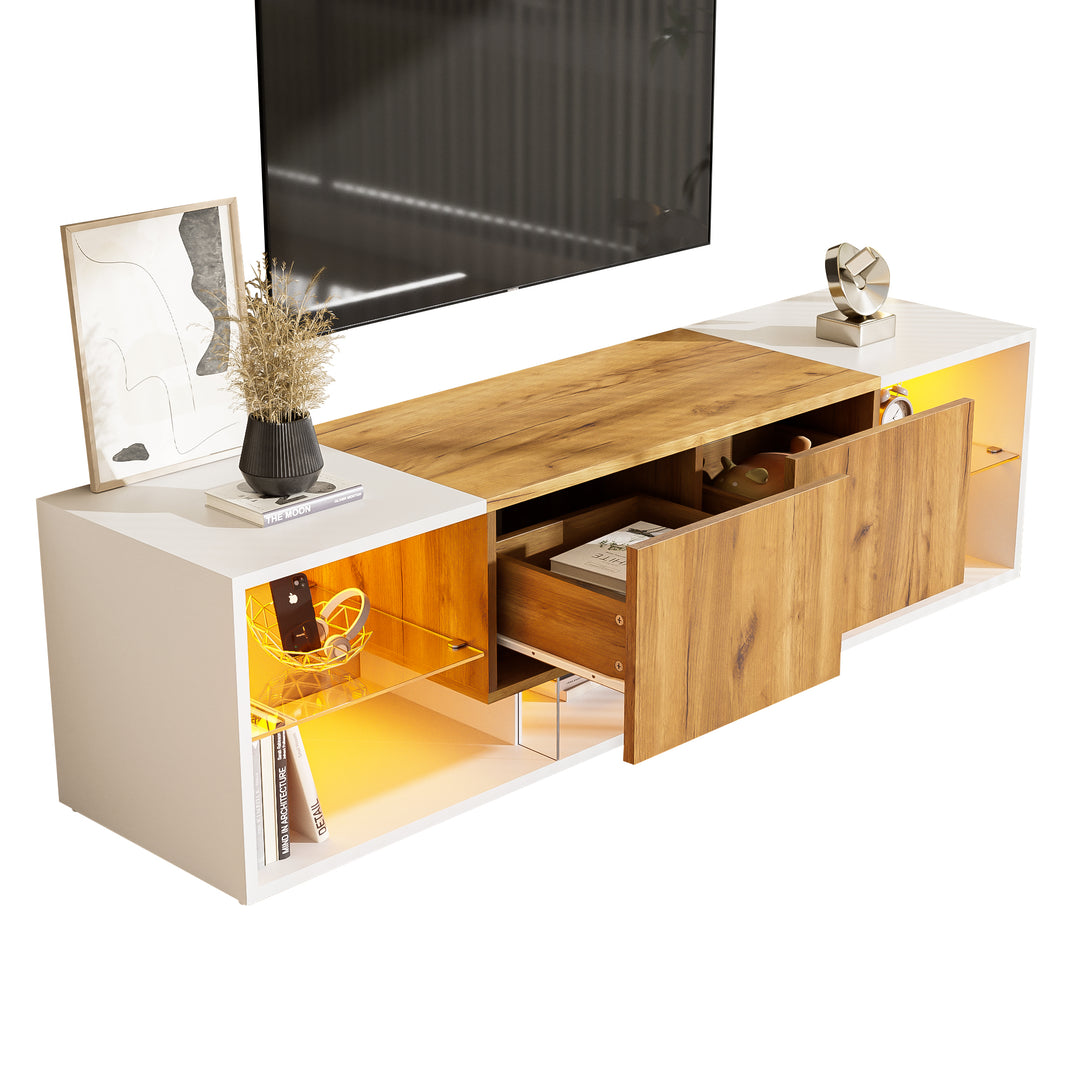 White & wood LED TV stand with 2 drawers and 5 open storage glasses shelves 160×40×42cm LIVERWORTLOBE