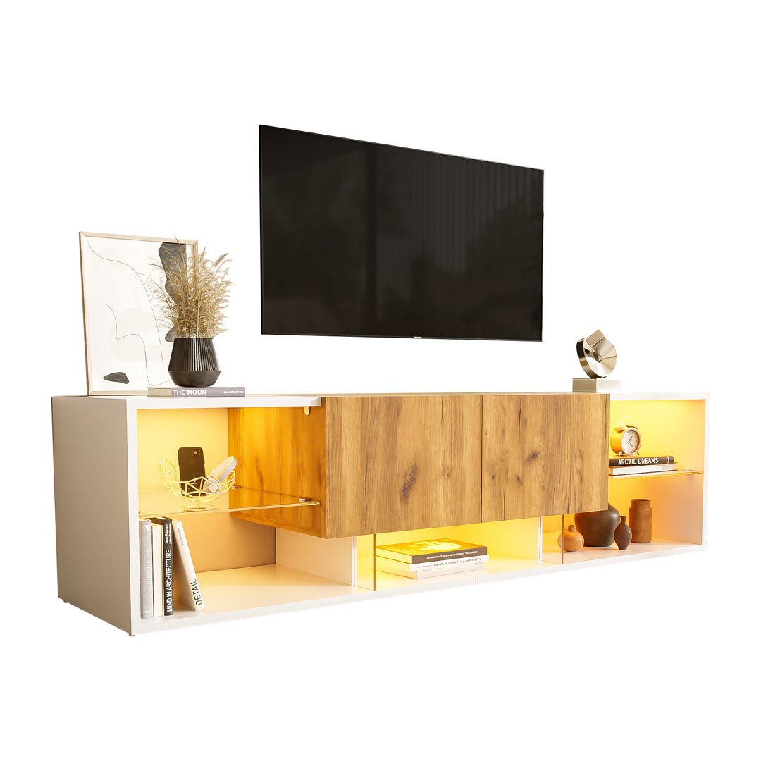 White & wood LED TV stand with 2 drawers and 5 open storage glasses shelves 160×40×42cm LIVERWORTLOBE