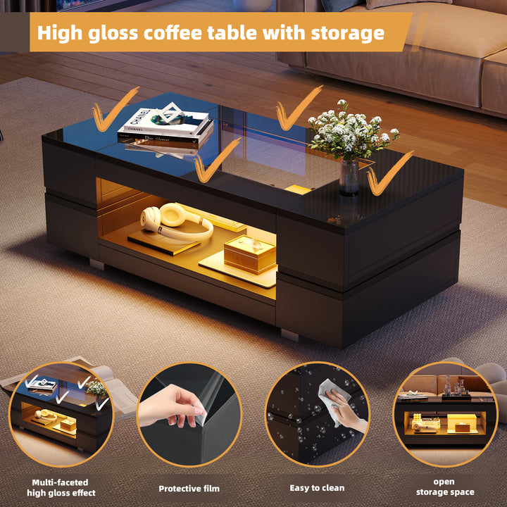 Black hollow LED coffee table with open storage and glass top 100×50×35cm SEAHORSETAIL