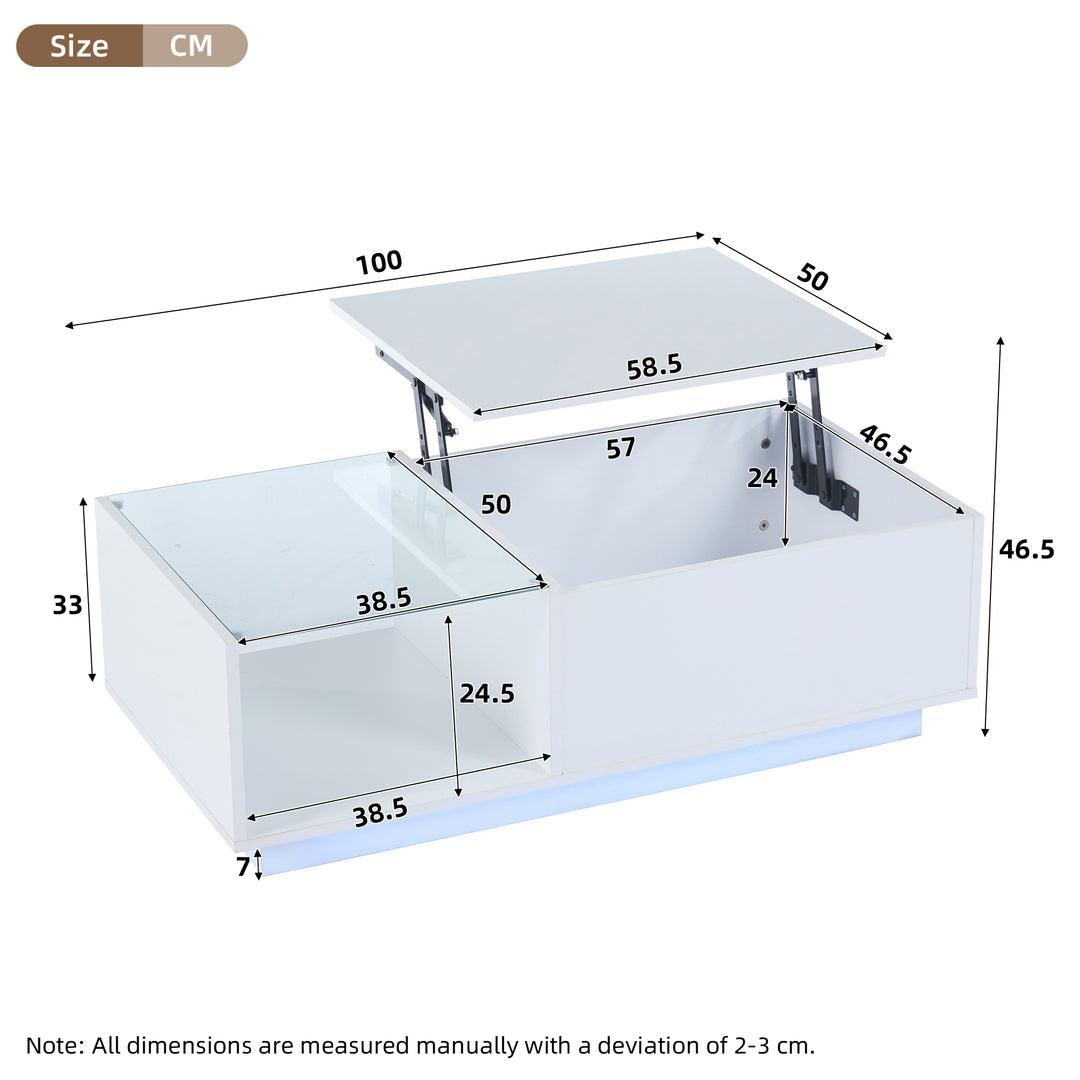 White high gloss lift-up LED coffee table with hidden storage and glass top 100×50×33cm BORAXFLAKE