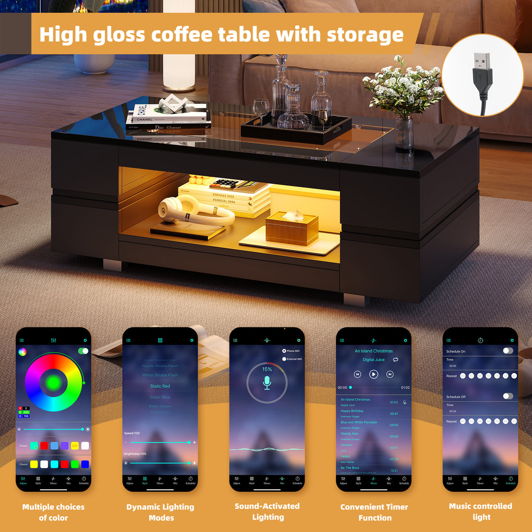 Black hollow LED coffee table with open storage and glass top 100×50×35cm SEAHORSETAIL