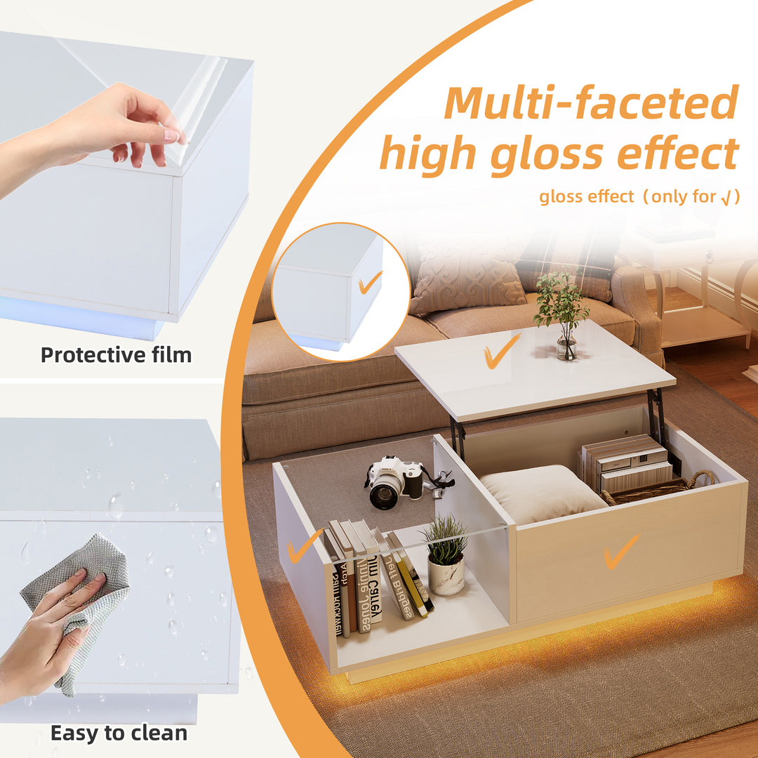 White high gloss lift-up LED coffee table with hidden storage and glass top 100×50×33cm BORAXFLAKE
