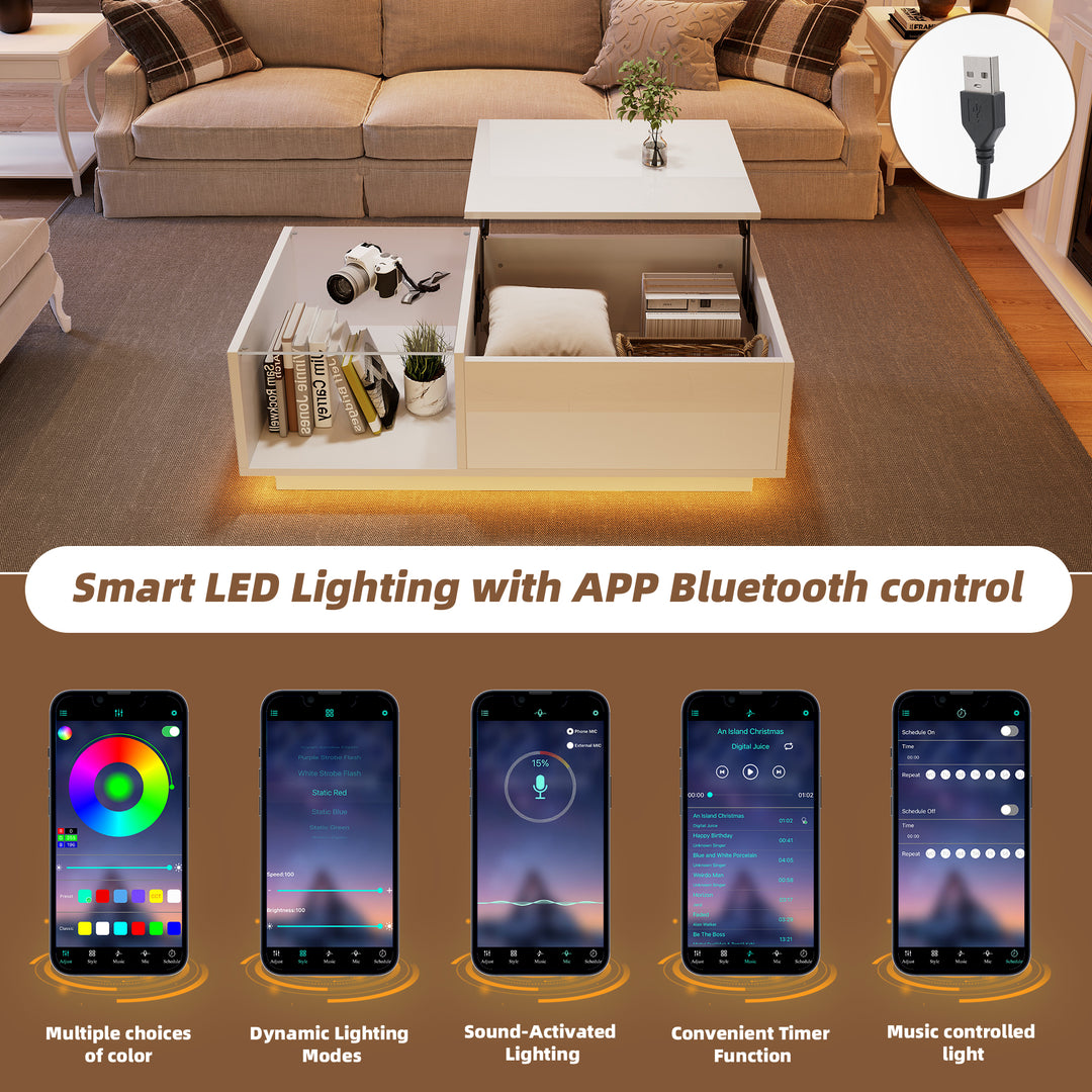 White high gloss lift-up LED coffee table with hidden storage and glass top 100×50×33cm BORAXFLAKE