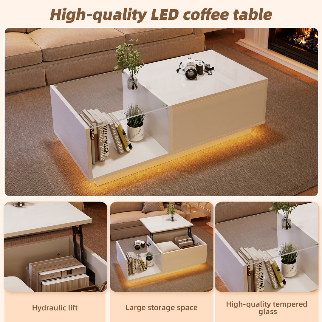 White high gloss lift-up LED coffee table with hidden storage and glass top 100×50×33cm BORAXFLAKE