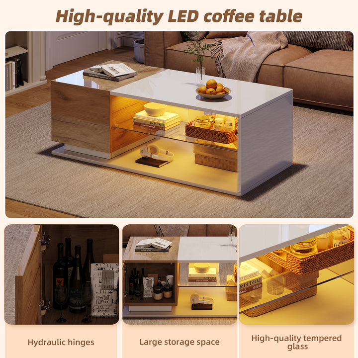 White rectangular wood LED coffee table with open glass shelf and 1-door IDEOGRAM