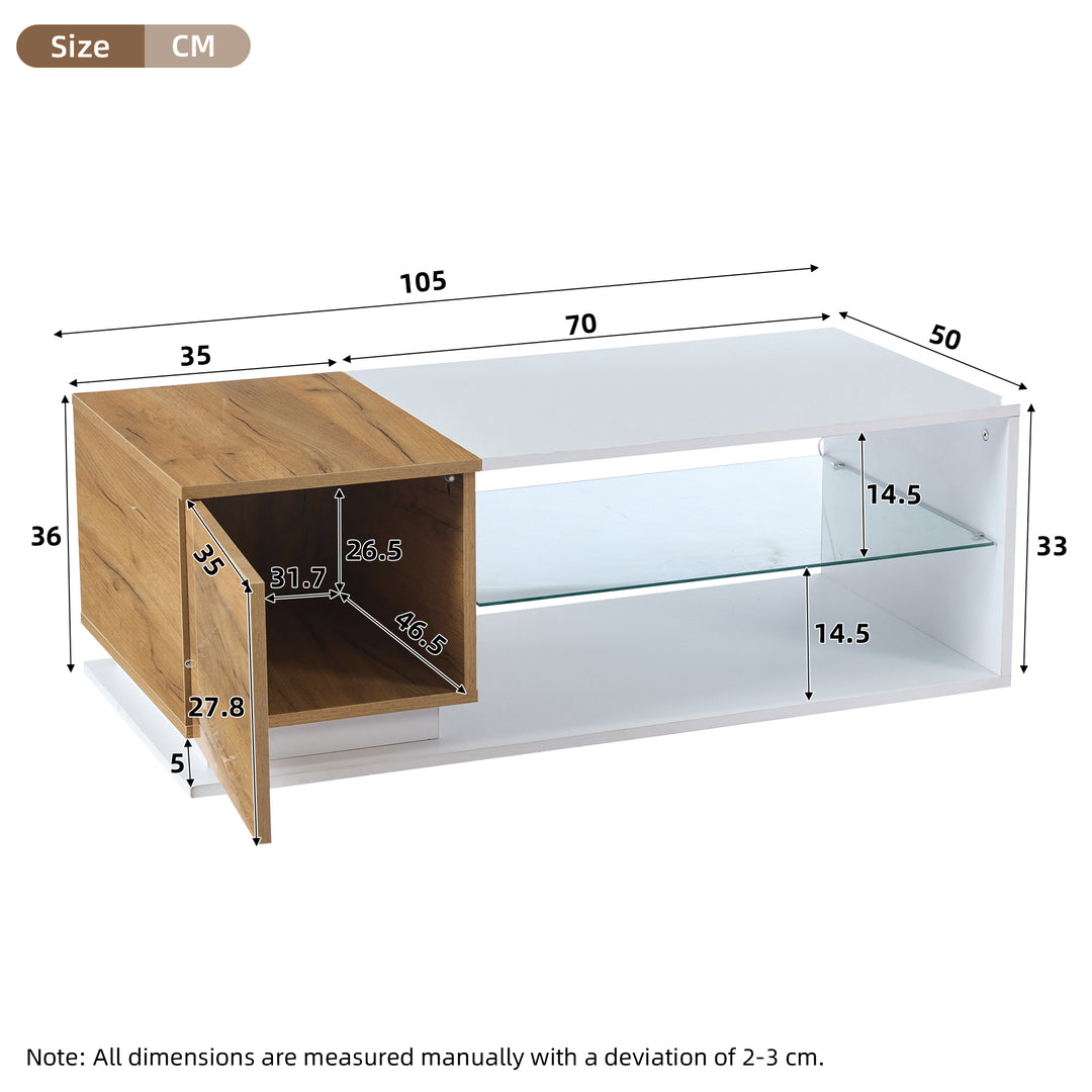 White rectangular wood LED coffee table with open glass shelf and 1-door IDEOGRAM