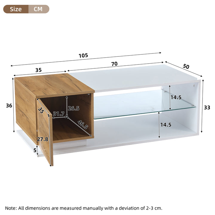 White rectangular wood LED coffee table with open glass shelf and 1-door IDEOGRAM