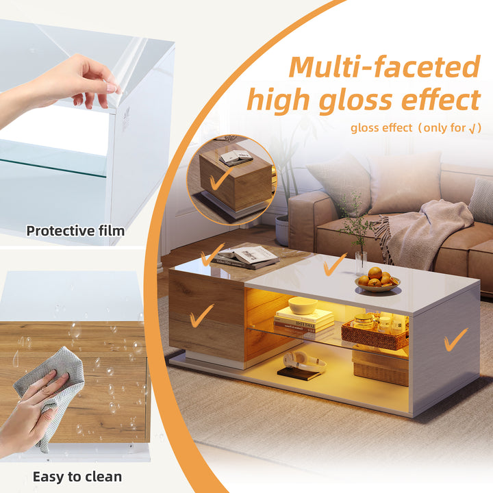 White rectangular wood LED coffee table with open glass shelf and 1-door IDEOGRAM