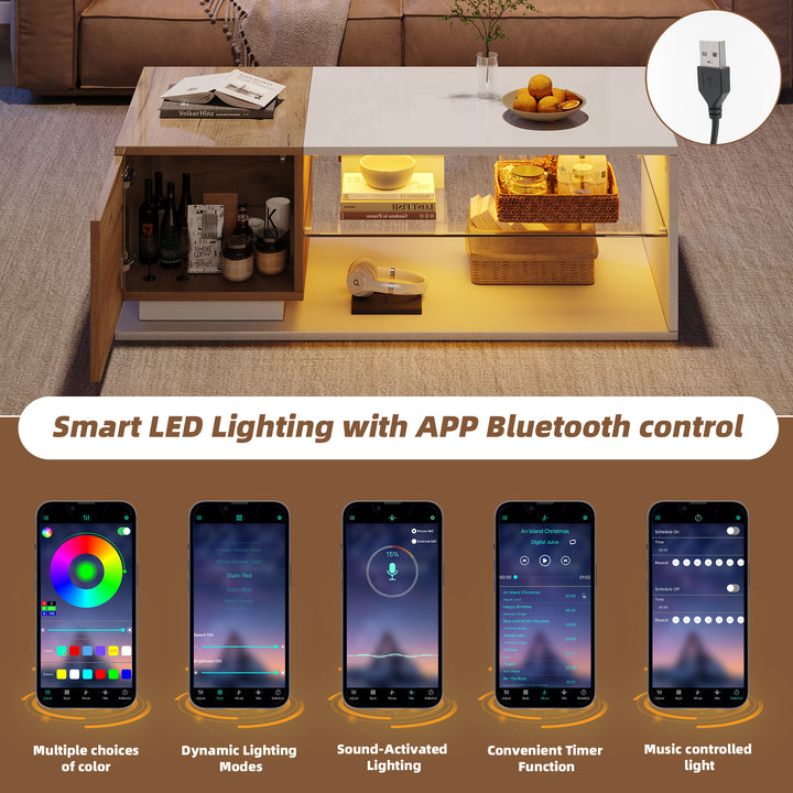 White rectangular wood LED coffee table with open glass shelf and 1-door IDEOGRAM