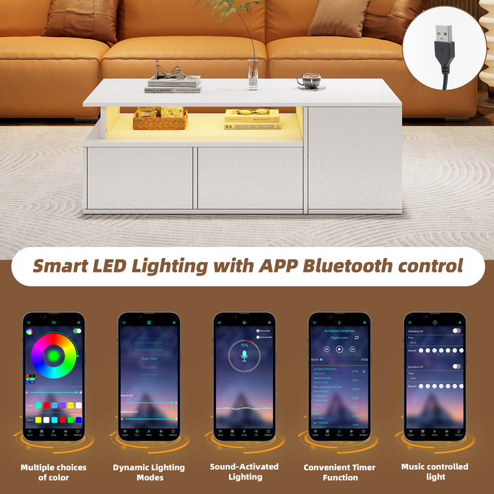 White high-gloss coffee table with LED lighting & 2 drawers SEEDCOAT