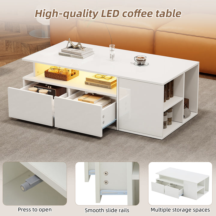 White high-gloss coffee table with LED lighting & 2 drawers SEEDCOAT