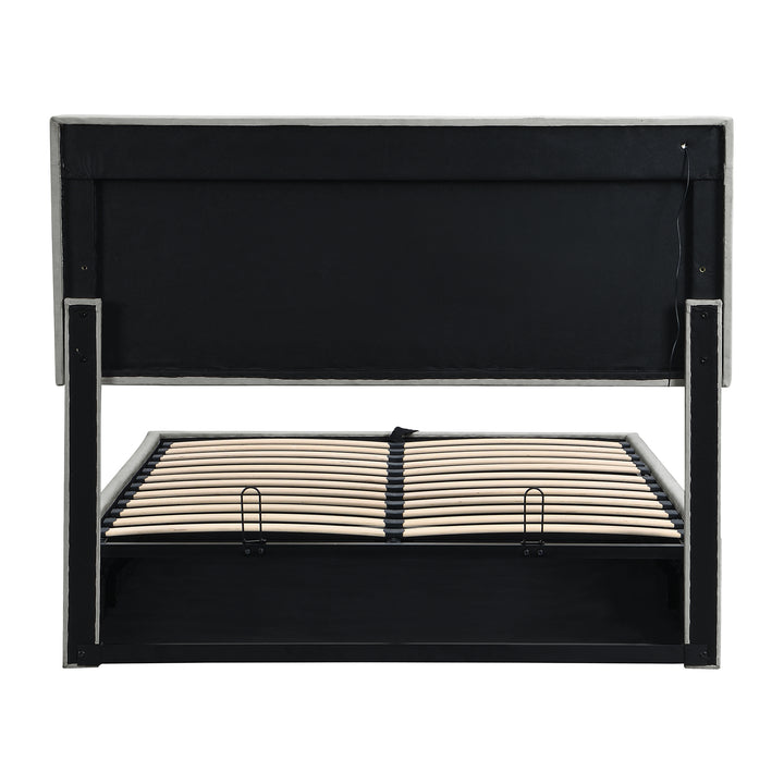 Grey velvet upholstered ottoman double bed with LED lighting (135x190cm) ANHYDROBIO