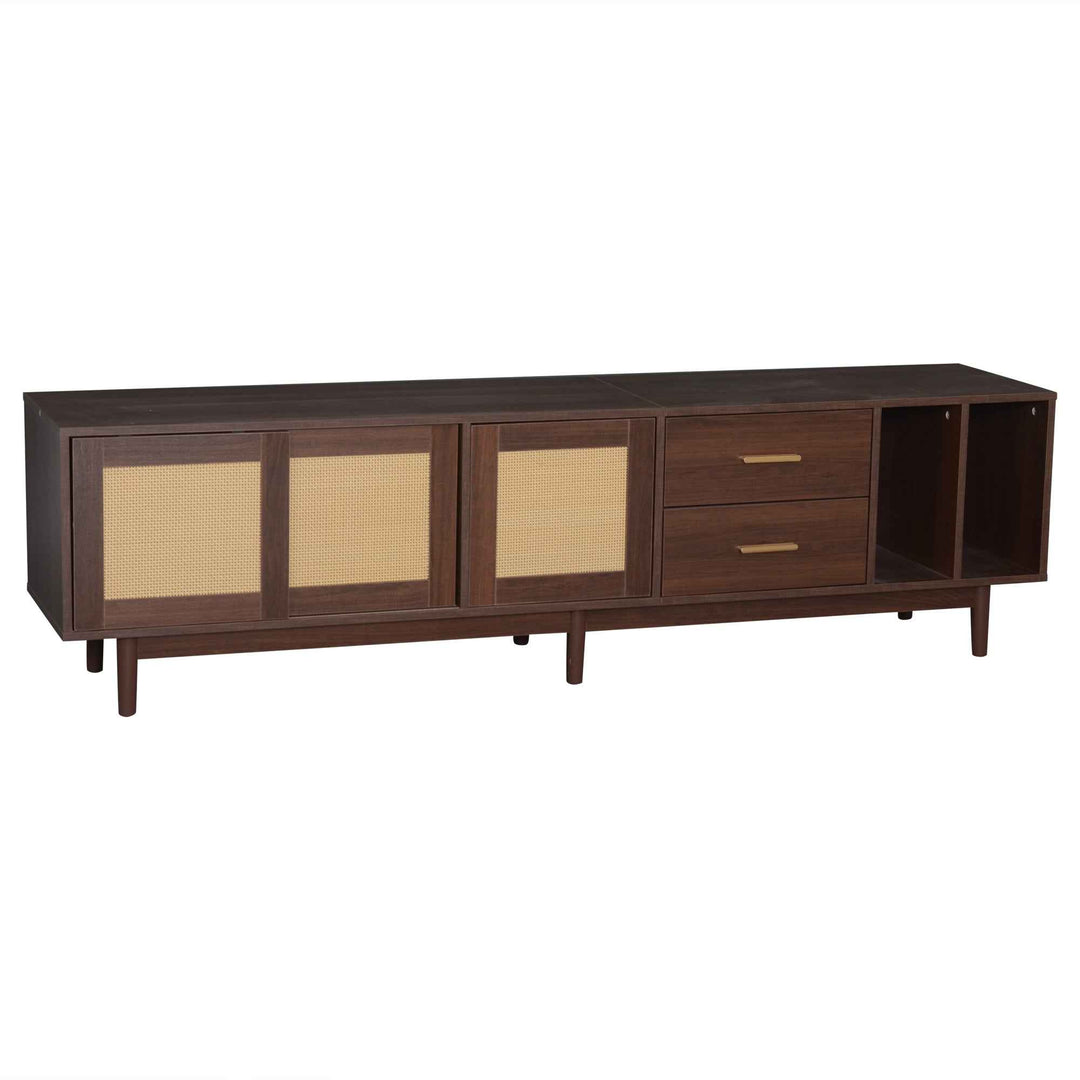 TV stand dark wood vintage look with rattan sliding doors & 2 drawers  INFINITERIF