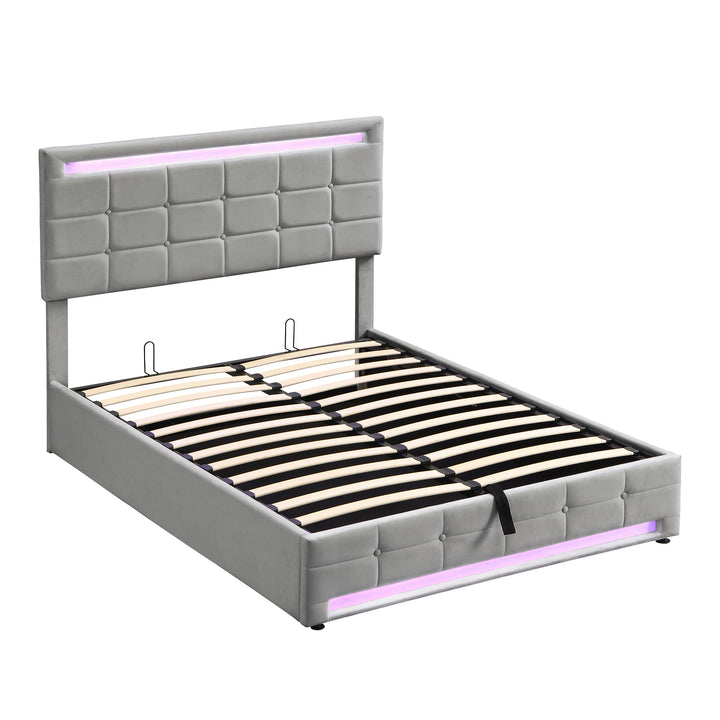 Grey velvet upholstered ottoman double bed with LED lighting (135x190cm) ANHYDROBIO