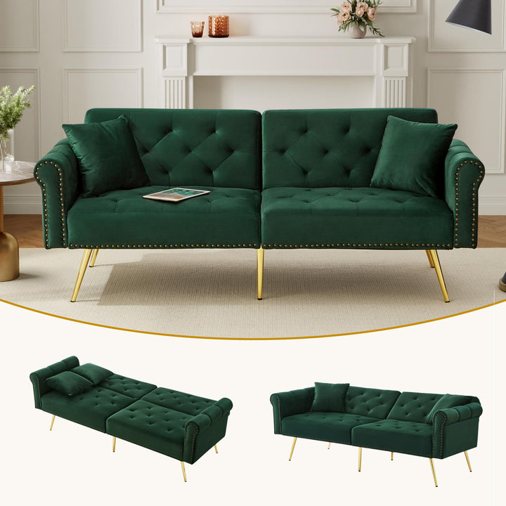 Green velvet 2-seater sofa bed with adjustable backrest and gold legs CAKDERA