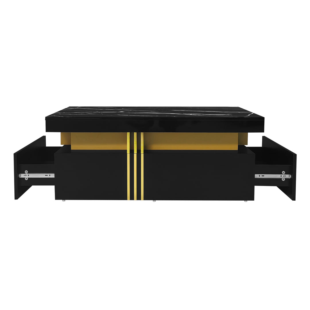 Modern black coffee table with marble-pattern top golden accents LEDGER