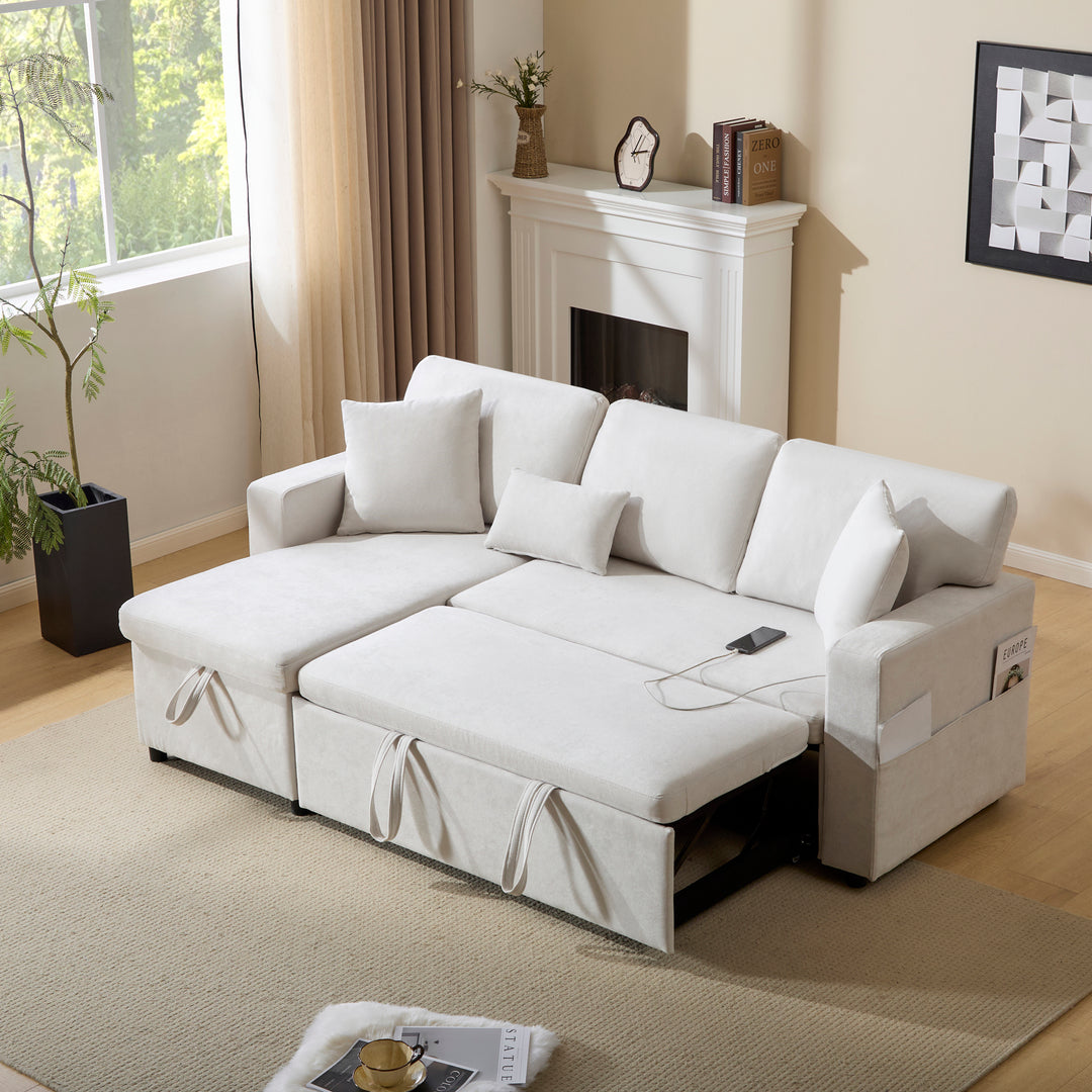Beige 3-seater corner sofa bed with side shelf and USB ports ANTCOLONY UK