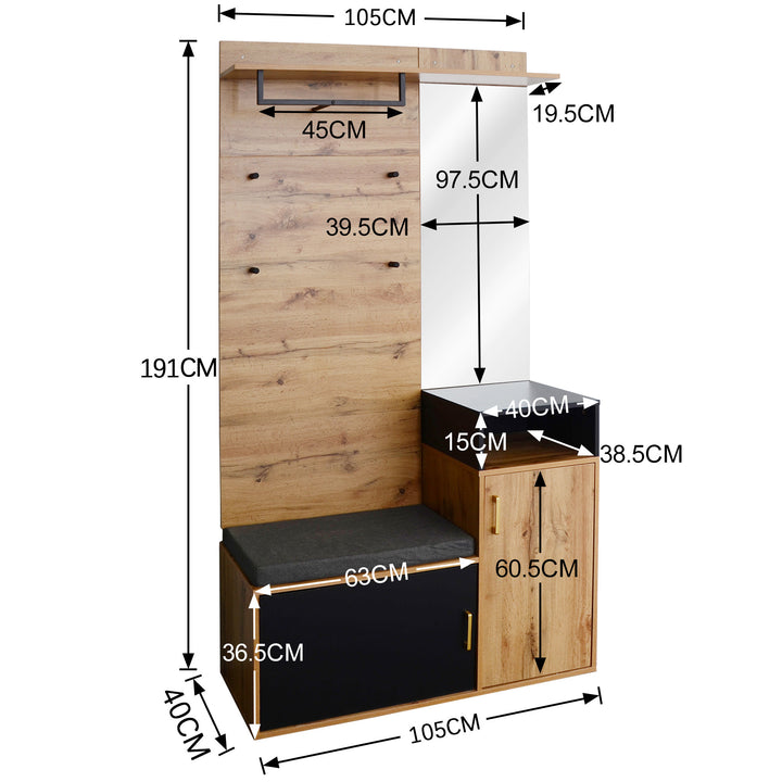 Wooden look entryway coat rack with bench shoe cabinet & mirror CLUBMOSSSPIKE