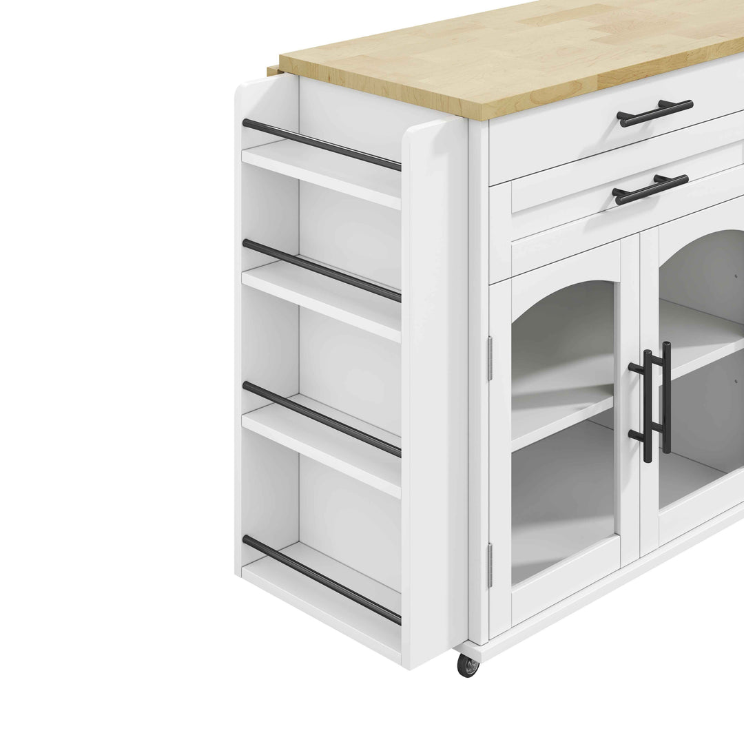 00+Mobile Kitchen Island Trolley White Foldable Worktop, 5 Wheels, Glass Doors, Storage Racks, Cutlery Drawer NOVAOR