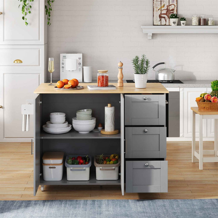00+Kitchen Island on Wheels Grey Foldable Tabletop, 3 Drawers, 2 Doors, for Dining & Living Room VERTEXRYN
