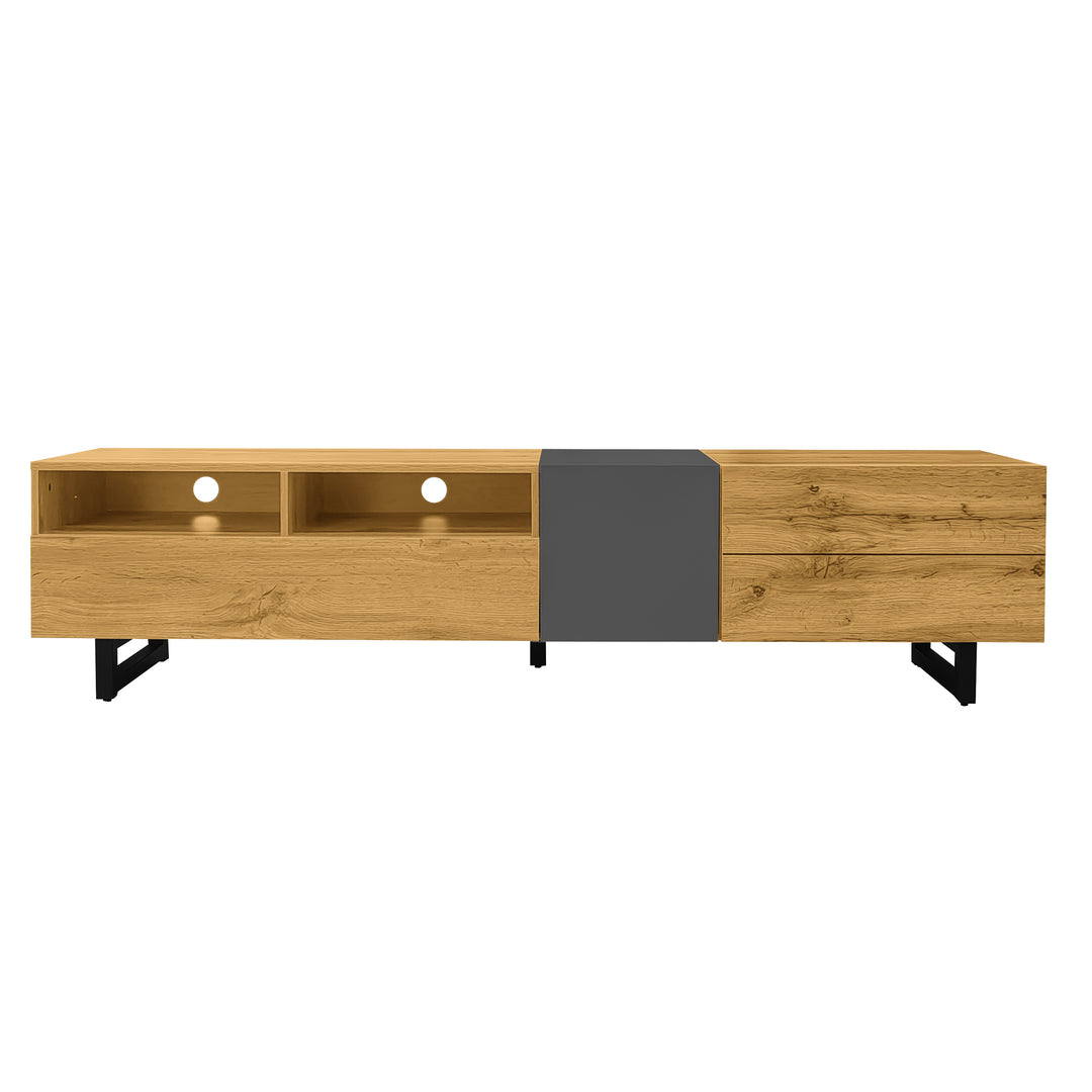 Colorblock TV cabinet retro wood grain compartments, U-shaped metal legs RESPIRATO