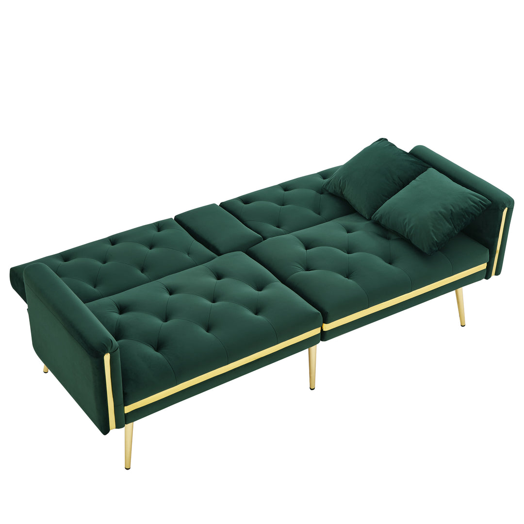 Green tufted velvet 2-seater sofa bed with adjustable backrest and hidden cup holders golden accent HYDROPON