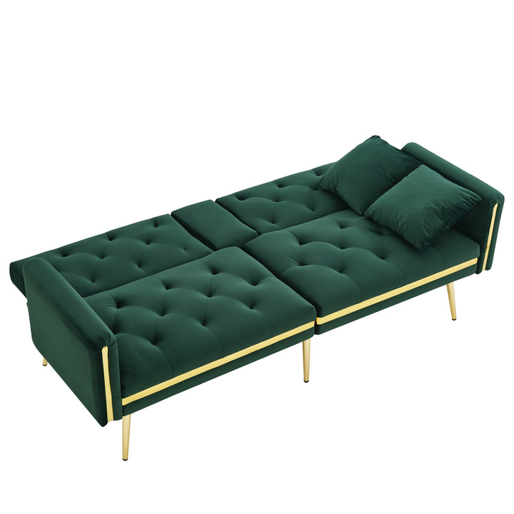 Green tufted velvet 2-seater sofa bed with adjustable backrest and hidden cup holders golden accent HYDROPON