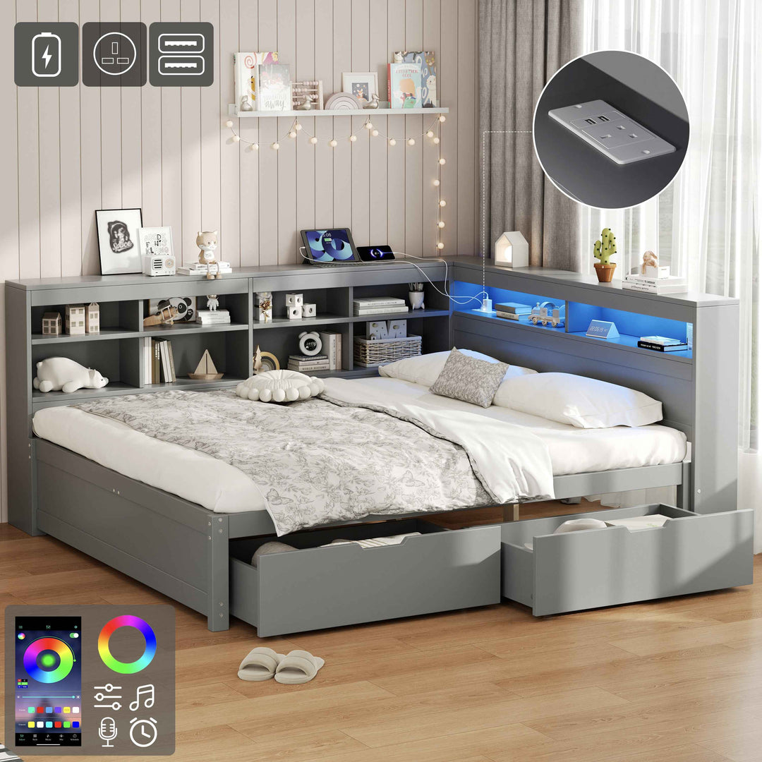 00+Double Daybed 135x190 with Storage Drawers, LED Headboard, Charging Station, Grey COMPACTVANITY