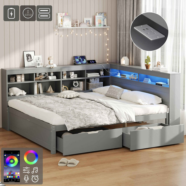 00+Double Daybed 135x190 with Storage Drawers, LED Headboard, Charging Station, Grey COMPACTVANITY